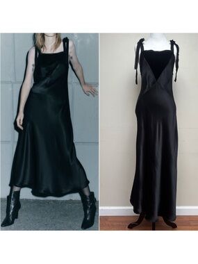 Zara Ltd Edition Black Satin Shoulder Tie Camisole Slip Midi Dress Size Small